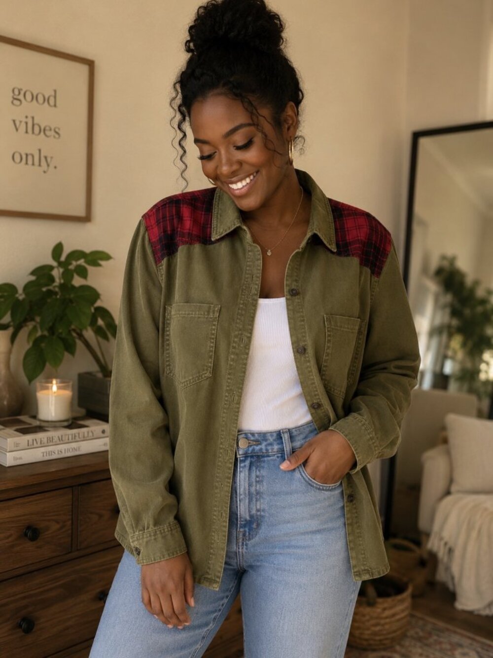 Forever 21 Olive Plaid Utility Button-Up